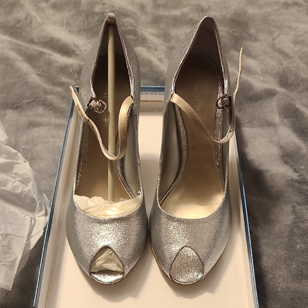 Nine West Silver Peep-Toe Heels